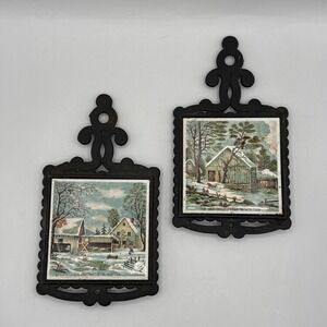 Vintage Cast Iron Tile Trivet The Farmers Home In Winter 10x5" Japan Lot Enesco